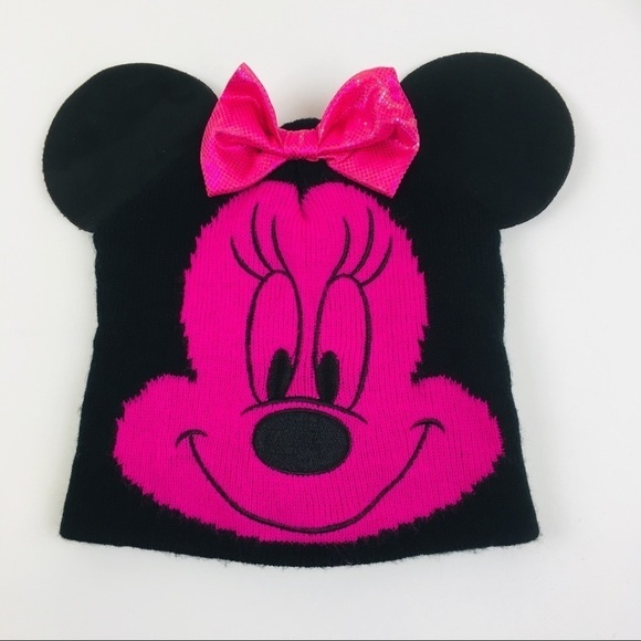 Disney Minnie Mouse Neon Pink/Black Beanie Toddler - Picture 1 of 4